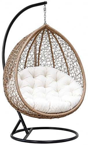 Image of Hindoro Rattan Wicker Wrought Iron Single Seater Swing Chair with Stand & Cushion & Hook Outdoor || Patio || Living Outdoor Furniture (Beige with White, Oval), 106.7 x 106.7 x 203 Cm