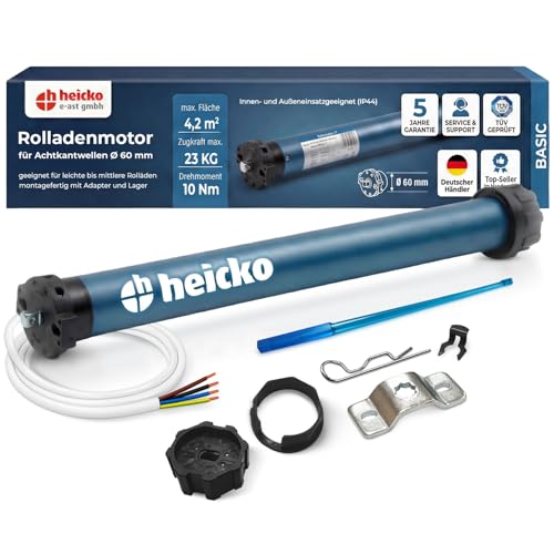heicko Rollladenmotor | 10 Nm für SW60 Achtkantwelle | 23kg Zugkraft | Ohne Funk | Mechanische Endschalter | Leiser Rohrmotor | Wartungsfrei | IP44 Schutz für Innen und Außen