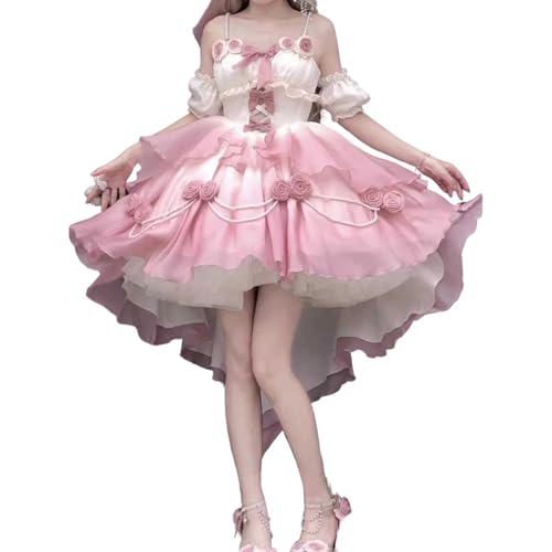 [ボズとガルヤ] 長い裾 ロリータワンピース ロングトレーン 花嫁 薔薇 パール 華ロリ ティアード ウエディングドレス ピンク リボン 姫系 cosplay lolita ゆめかわいい 半袖 茶話会