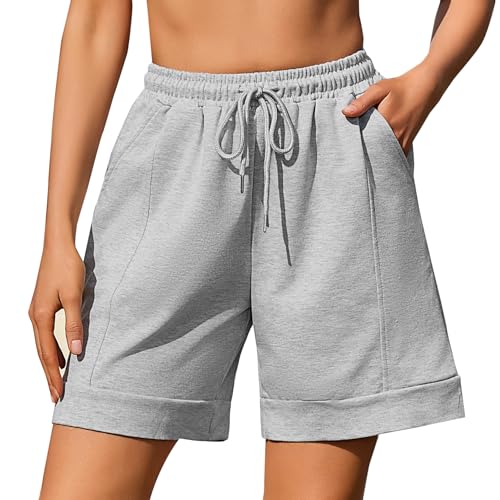 Jezonga Kurze Hose Damen Sport Shorts Sporthose Damen Kurz mit Taschen Elastischer Bund Sommer Jogginghose Fitness Running Gym Kurze Hose Gym Grau M