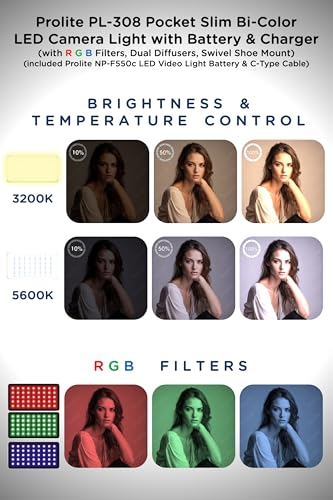 Image of Prolite Bi-Color LED PL-308 Camera Video Light | Slim, Pocket LED | with NP-F550 Battery, C-Type Cable, RGB Filters & Two Diffusers | Used in Wedding Photography, YouTube, TikTok Video Shoot