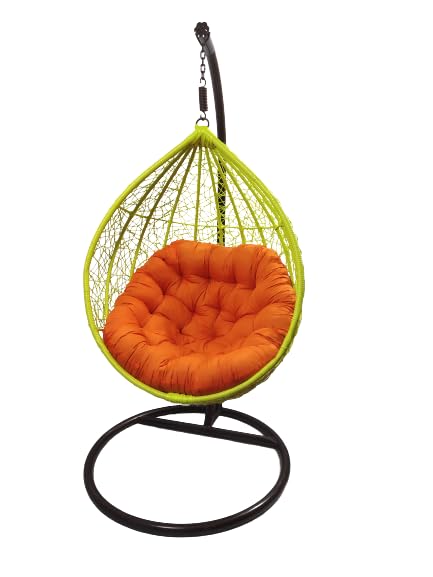 Hanging Egg Chair with Stand, Green Wicker and Blue Cushion | Swing Chair, Metal Base, Teardrop Shape, Indoor Outdoor Use, Rattan Weave-image-21