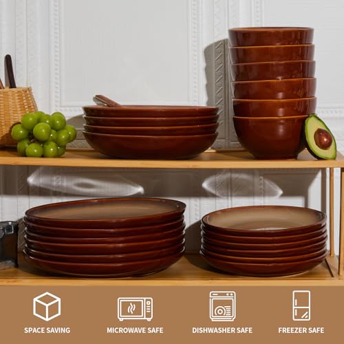 Image of Pokini Ceramic Dinnerware Sets for 6, 18 Pieces Stoneware Plates and Bowls Sets, Chip and Crack Resistant Dishes, Dishwasher & Microwave Safe Dishware Sets, Brown Yellow
