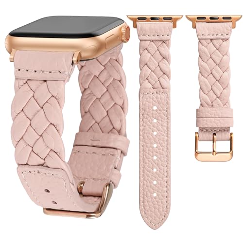 TOYOUTHS Braided Leather Strap Compatible with Apple Watch Band Women 38/40/41/42mm Soft Thin Leather Cute Dressy Designer Woven Bracelet for iWatch Series 11 10 9 8 7 6 5 4 SE 3 2 1 Pink/Rose Gold