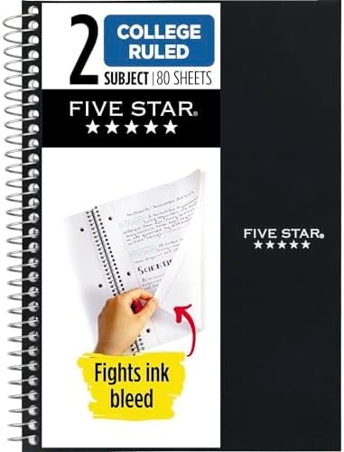 Image of Five Star Spiral Notebook, 2 Subject, College Ruled Paper, 6 inch x 9-1 /2 inch, 80 Sheets, Fights Ink Bleed, Water Resistant Cover, Black (840029AA2-ECM), (Pack of 12)