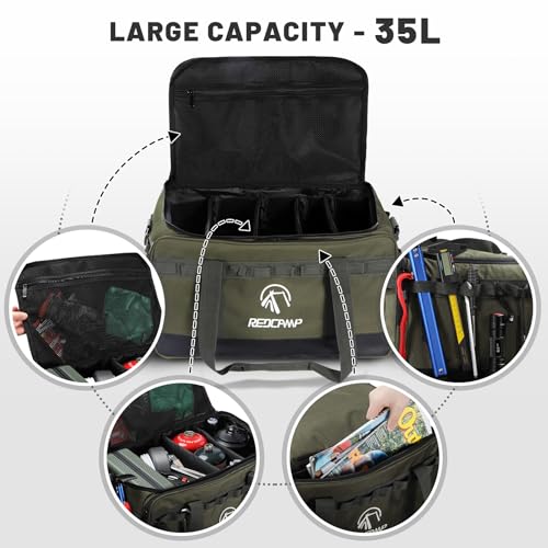 REDCAMP Camping Tote Organizer, 35L Tactical Duffel Bag, Waterproof Camp Storage Organizer with 3 Adjustable Dividers and Shoulder Strap for Outdoor Transport, Army Green4