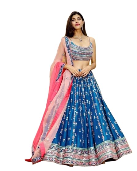 Gorgeous Sky Blue Zari Work Net Wedding Wear indian Women's Pink Printed Poly Silk Lehenga Choli with Dupatta
