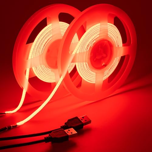 GOMING 5V 5mm Width COB USB LED Strip Light Red USB Powered 4M(2pcs x 2M) High Density 400LEDs/M Flexible IP20 Not Waterproof LED Tape Lights for DIY Decoration Lighting