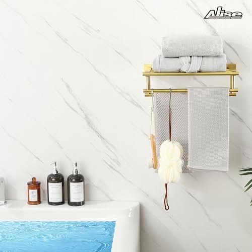 Alise Towel Rack,Towel Hanger with Double Towel Bars,Wall Mount Tower Holder for Bathroom and Lavatory,SUS 304 Stainless Steel Towel Shelf,Brushed Gold Finish,16-Inch