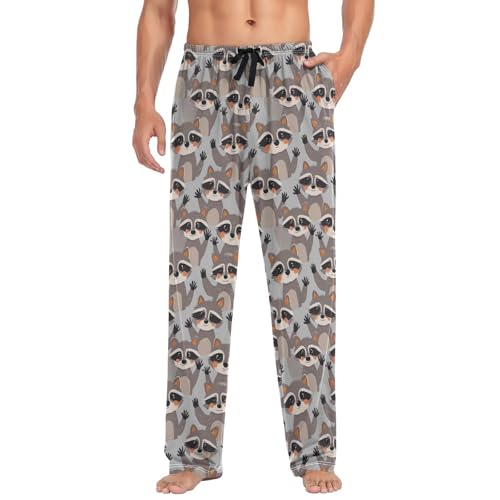 Vdsrup Men's Pajama Pants Raccoon Cute Grey Pajama Pants for Men PJs Bottoms Drawstring Pockets Sleep Lounge Pants S3