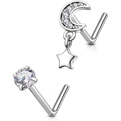 OUFER 2Pcs Stainless Nose Rings 20G Moon Star Design 7mm