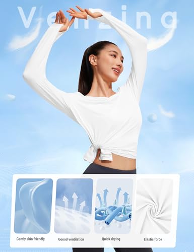 Image of Venzina Women's Long Sleeve Yoga Top with UPF 50 Sun Protection | Quick-Dry Shirt with Thumbholes & Asymmetrical Knotted Hem |Running, Dance, Exercise