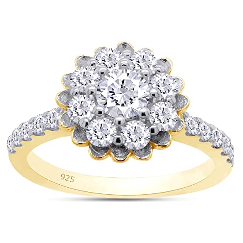 SAVEARTH DIAMONDS Floral Style, Round Cut Sparkling White Cubic Zirconia Cluster Bridal Engagement Promise Ring In 14k Gold Over Sterling Silver Jewelry For Women Gifts For Her