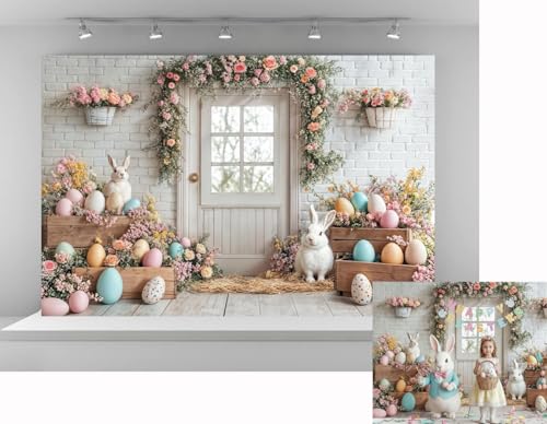 Kate 10x6.5ft Happy Easter Colorful Flowers Arch Backdrops for Photography White Brick Wall Cute Bunny Colorful Eggs Children Photo Background