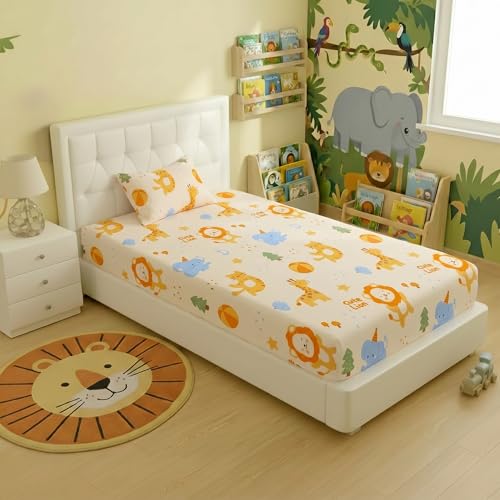 Image of Filymore Kids Single Bed Sheet Set with 1 Pillow Cover - Cute Cartoon Elephant & Lion Print, 240 TC Soft Microfiber Bedsheet for Kids Single Bed, Cream Orange Blue Bedspread, 90x60 Inch