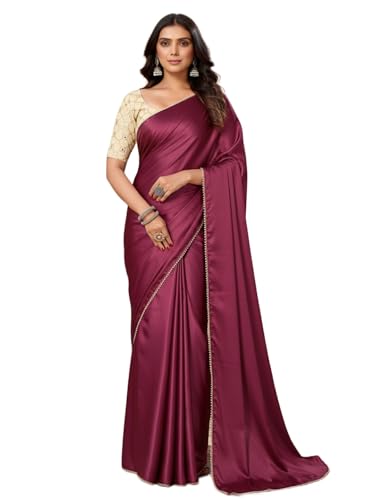 Image of FABIAN FASHION Women's Plain Japan Satin Silk Saree with Pearl Lace Border, Includes Unstitched Matching Blouse Piece - Elegant Saree(AVN 1694)