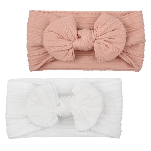 2 Pièces Bandeau Bébé Fille, Accessoire Cheveux, Serre-Tête, Arc Élastique, Coffret Cadeau - Blanc, Rose
