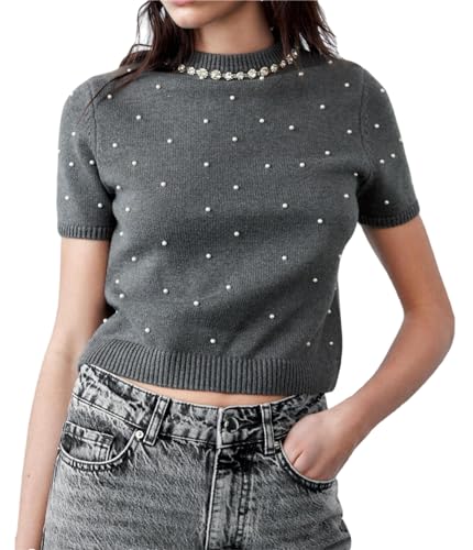 LifeShe Women's Short Sleeve Pearls Sweater Casual Crew Neck Crop Rhinestones Knit Pullover Sweaters