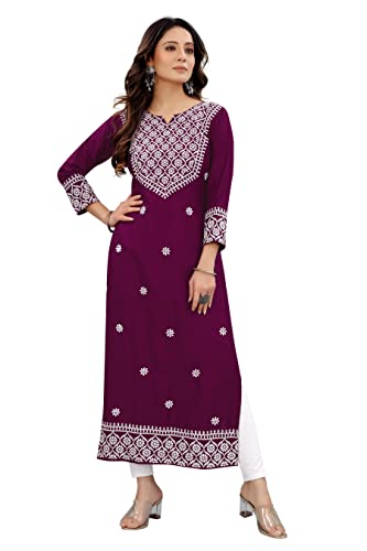 Image of Women's Rayon Embroidered Straight Kurti Under 499 Designer Attractive Look Women's Kurta