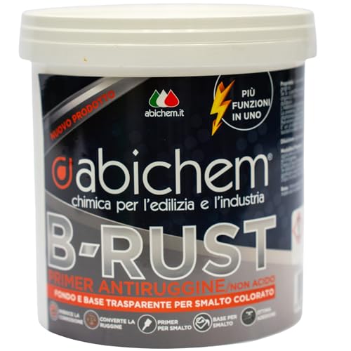 ABICHEM B‑Rust 2,5 L - Vernice Antiruggine per Ferro, Smalto Trasparente ad Acqua – Primer Protettivo e Vernice di Finitura, Consolida il Ferro e Previene la Ruggine – Alta Resa