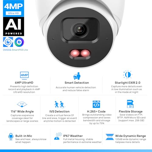 Image of VIKYLIN 4MP PoE IP Camera Outdoor,4MP Starlight PoE Security Turret Camera with IVS /Human Vehicle Detection,2.8mm Lens@25fps,98ft EXIR2.0 Night Vision,MicroSD 256GB,NDAA Compliant, DMSS /SmartPss Lite