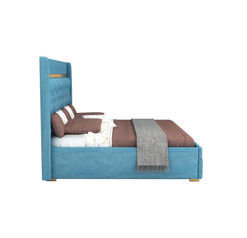 Image of MAMTA DECORATION Solid Wood Queen Size Bed with Box Storage | Premium Velvet Upholstered Tufted Headboard Palang Cot Bed | Modern Wooden Double Bed for Bedroom, Home, Hotel & Guest Room | Blue Finish