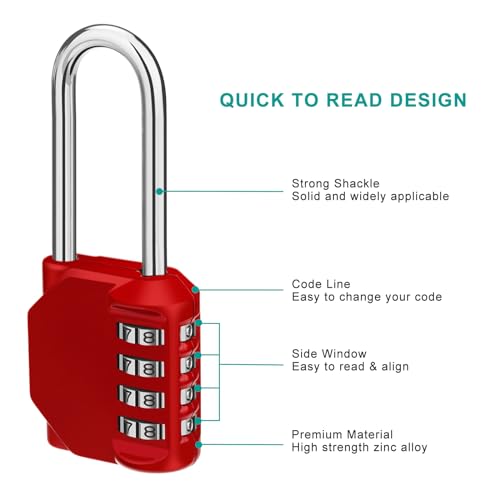 Image of Long Combination Lock, 4 Digit Combination Padlock, Resettable Weatherproof Combo Lock for School, Gym & Employee Locker, Outdoor, Fence | 4 Digit Number Lock for School, Gym & Employee Locker, Weatherproof Padlock Outdoor for Shed, Fence Backyard Gate