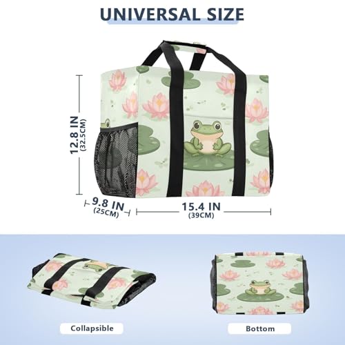 Large Waterproof Travel Tote Bag for Women Men, Summer Frog Lotus Flowers Canvas Beach Bag with Lining & Pockets - Reusable Grocery/Laundry/Kitchen/Pool/Picnic Tote (15.4x9.8x12.8in)3