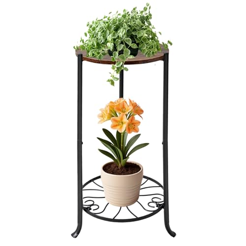 Uniqcovosa Plant Stand Indoor, 2 Tier Wood Round Potted Holder Rack, 27 ' Tall Flower Pot Stand Shelf, Round Supports Plant Stand for Large Plants, Corner Plant Shelf for Balcony Garden Patio Living Room, Brown