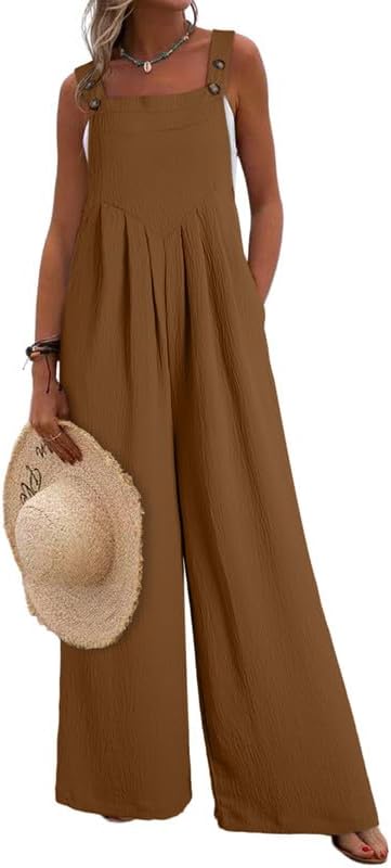 Dokotoo Women's Casual Loose Overalls Jumpsuits One Piece Sleeveless Wide Leg Long Pant Rompers With Pockets Large Coffee