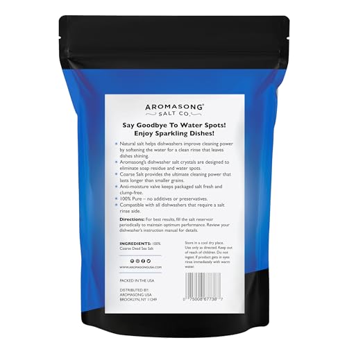 Aromasong Dishwasher Salt 5 LB - 100% Natural Water Softening Agent Compatible with Bosch, Miele, Whirlpool, Thermador and More... For Cleaner Dishes & Washer Reactivation (packaging may vary)