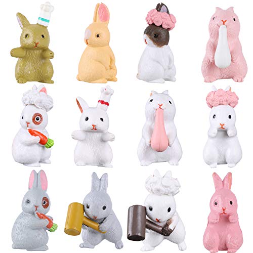 Fashionclubs Miniature Rabbit Figure Animal Bunny Characters Toys Figurines Collection Playset, Fariy Garden Decorations, Easter Rabbit Cake Toppers, Set of 12