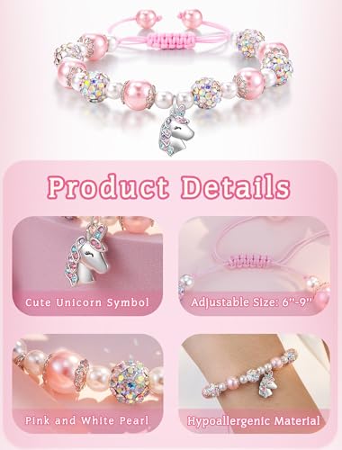 HGDEER Unicorn Birthday Gifts for Girls, Adjustable Pink Pearl Unicorn Charm Bracelet for Girls Daughter Granddaughter Niece3