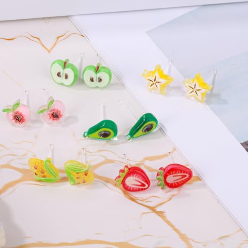 6 Pairs Fruit Earrings Studs, Adorable Plastic Earrings for Sensitive Ears Cute Strawberry Starfruit Corn Avocado Ear Jewelry for Women - Thumbnail 3