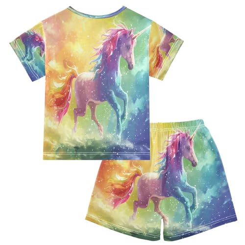senya Short Sleeve Pajamas Sets Summer Cotton Sleepwear Unicorn Standing on The Rainbow Hand-painted Illustrat2