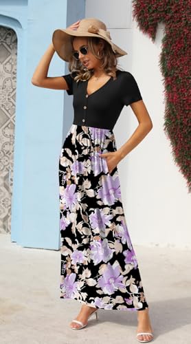 Image of GRECERELLE Womens Summer Long Maxi Dresses 2026 Short Sleeve V Neck Casual Button Dress with Pockets