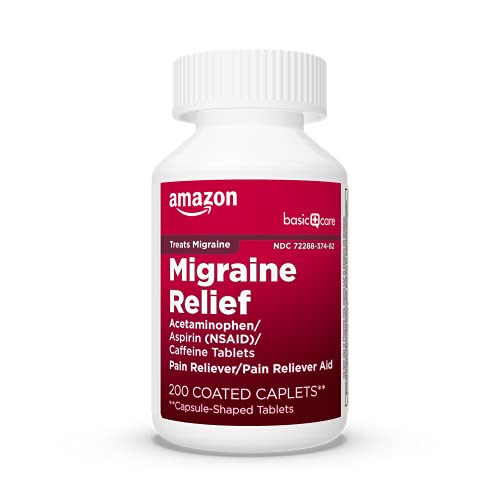 Image of Amazon Basic Care Migraine Relief Acetaminophen, Aspirin (NSAID) and Caffeine Tablets, Pain Reliever /Pain Reliever Aid, 200 Count (Pack of 3)