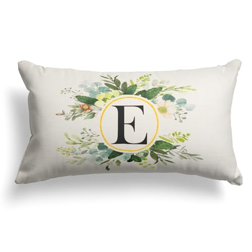Snycler Monogram Letter E Throw Pillow Covers Floral 12x20 Inch, Greenery Spring Pillows Decorative Throw Pillows Pillowcase Summer Farmhouse Decor for Couch Sofa, Family Last Name Initial Pillow Case