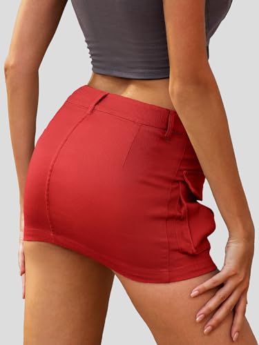 Image of ELLEVEN Low Rise Denim Mini Skirt for Women High Stretch Jean Skirts | Women's Sexy Bodycon Cargo Denim Skirt with Pockets, Y2K Casual Jean Style, Trendy Summer Outfits