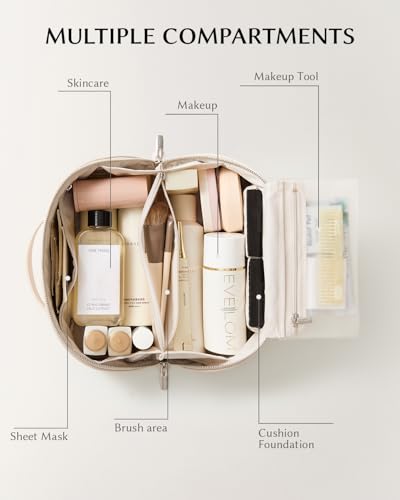 Image of EACHY Travel Makeup Bag, Large Capacity Cosmetic Bag for Women, Waterproof PU Leather, Flat Open Portable Toiletry Bag for Skincare, Brushes & Travel Essentials