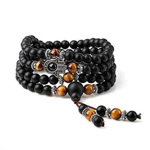 COAI 108 Mala Beads Hamsa Hand Bracelet, Wrap Bracelet Beaded Necklace for Men Women