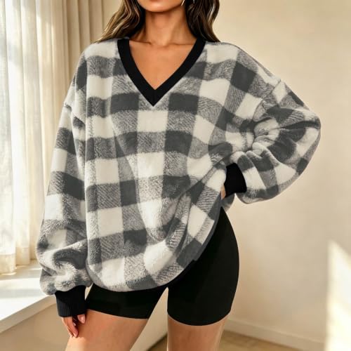 Gray Sweatshirt for Women Flannel Plaid V Neck Oversized Pullover Tops - image 5