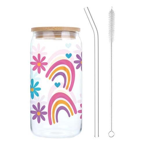 Vasos con tapa y pajita, vasos de cóctel de café helado, vasos de 500 ml, vasos de cristal en forma de lata ideales para batidos, latte, macchiato, whisky, limonadas, regalo