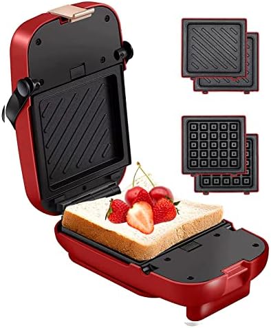 Panini Press with Timer, 2 in 1 Sandwich Maker & Waffle Maker, Electric Grill with Non-stick Coating & Removale Plates, Mini Sandwich Maker for Brunch (red)
