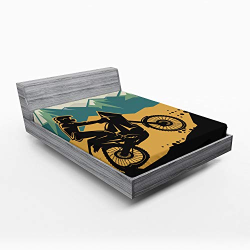 Lunarable Dirt Bike Fitted Sheet, Motocross on The Mountain Region Grunge Effect Action Bike Race Themed Design, Bed Cover with All-Round Elastic Deep Pocket for Comfort, King Size, Mustard Black