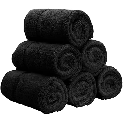 Image of Luxury Hotel & Spa Quality, Quick Dry 100% Turkish Cotton 700 GSM, Eco Friendly Towel, for Bathroom, Gymand Kitchen Dobby Border Soft Hand Towel Set 16 X 30, Black, Hand Towels - Set of 6
