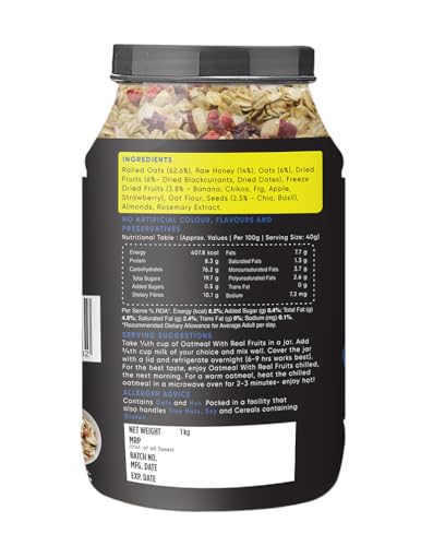 Image of True Elements Whole Oatmeal 1kg - Overnight Oats | Breakfast Food | Healthy Diet | Oatmeal for Breakfast | Oats with Chia Seeds, Dry Fruits and Nuts | 9.8g Protein