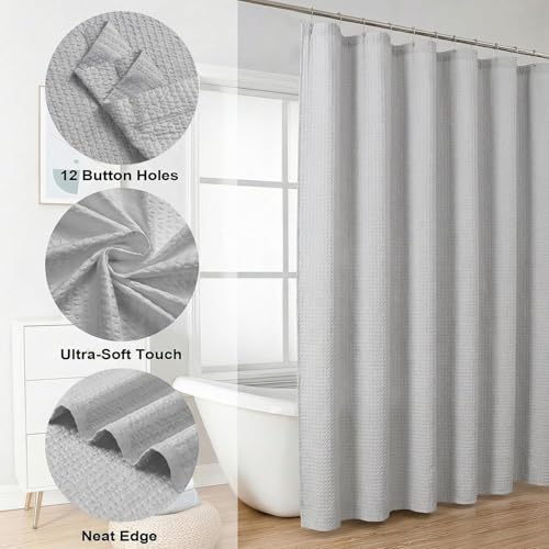 Image of HOMETHREADS Embrace Luxury with Our 6-Feet Long Premium Polyester Shower Curtain with 12 Hooks for a Lavish Bathroom Ambiance | Stylish, Splendid, and Perfectly Sized (Waffle L.Grey, 180x180cm)