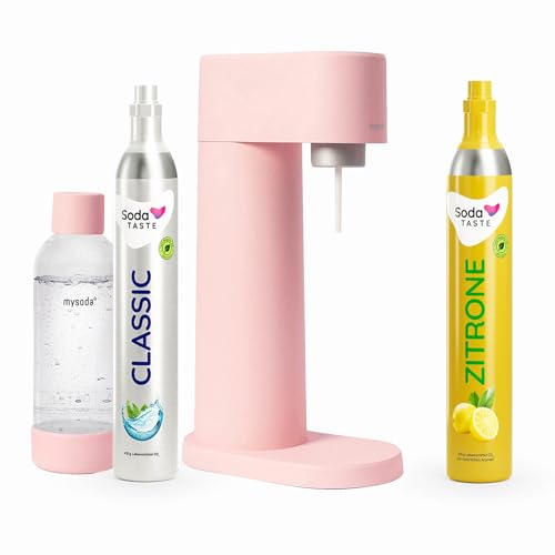 Sparpaket: Mysoda Woody - Wassersprudler aus erneuerbarem Holzkomposit mit 1L BPA-freier Plastikflasche, CO2-Zylinder Classic + CO2-Zylinder Zitrone (Rosa)