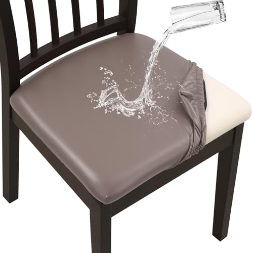Image of YISUN Waterproof Chair Seat Covers Set of 6, Pu Leather Dining Room Chair Covers, Stretch Chair Cover for Dining Room Chair Protector Slipcover for Kitchen, Hotel (6, Pu Dark Tan)